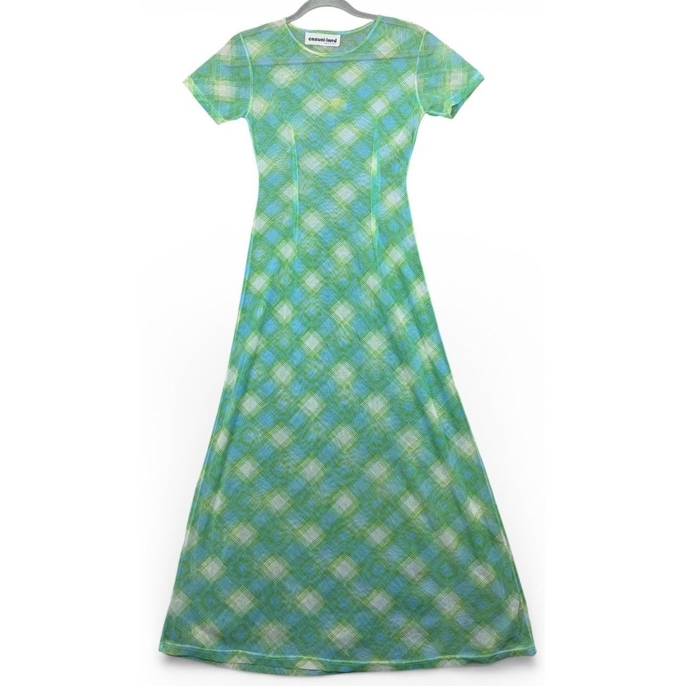 Vintage Casual Land Mesh Maxi Dress Womens S Green Sheer‎ Short Sleeve 1970s 70s